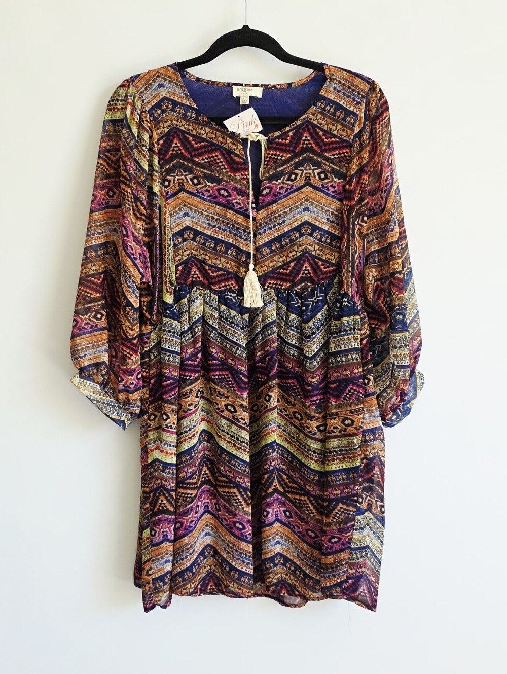 NWD Umgee Boho Tribal Print Tassels Multicolor 3/4 Sleeves Women's Dress Size L